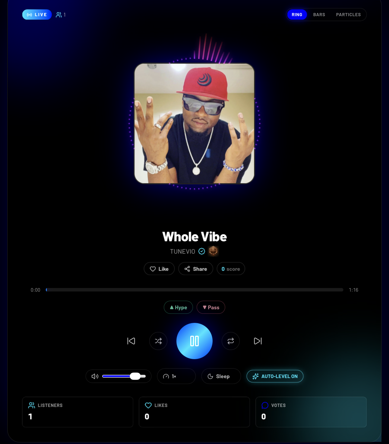 Tunevio live music player showing Whole Vibe, playback and audience reactions