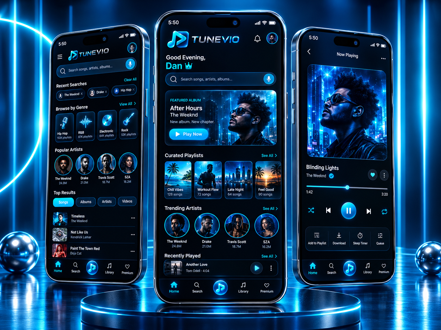 Tunevio on three phones: search and browse, home dashboard and now playing